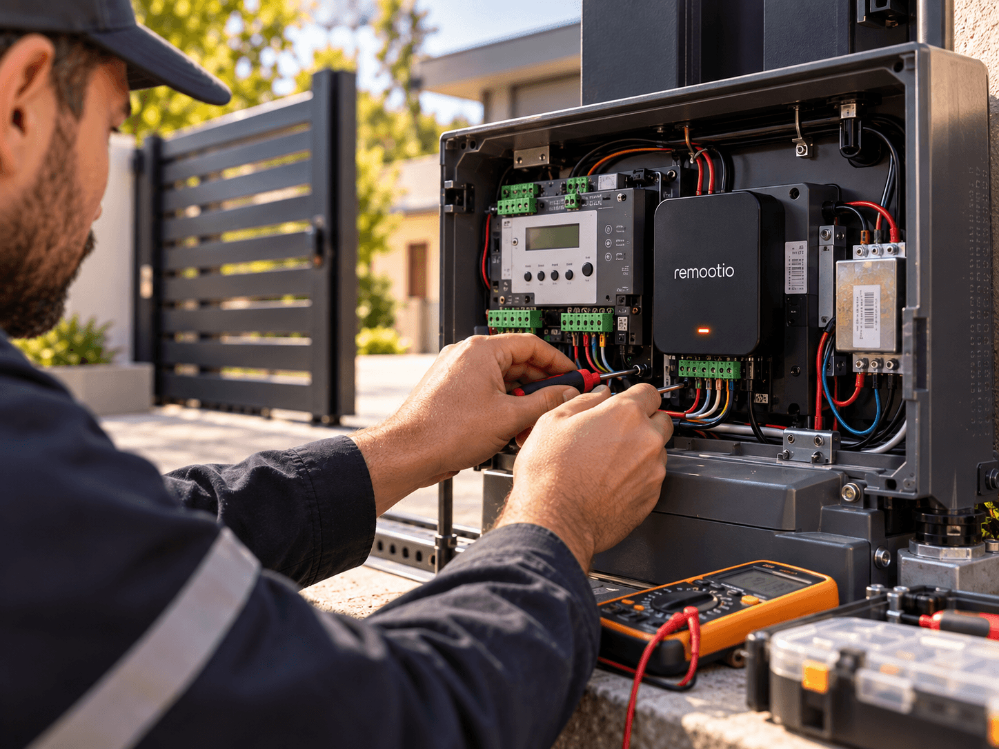 Technician assessing gate automation and Remootio integration