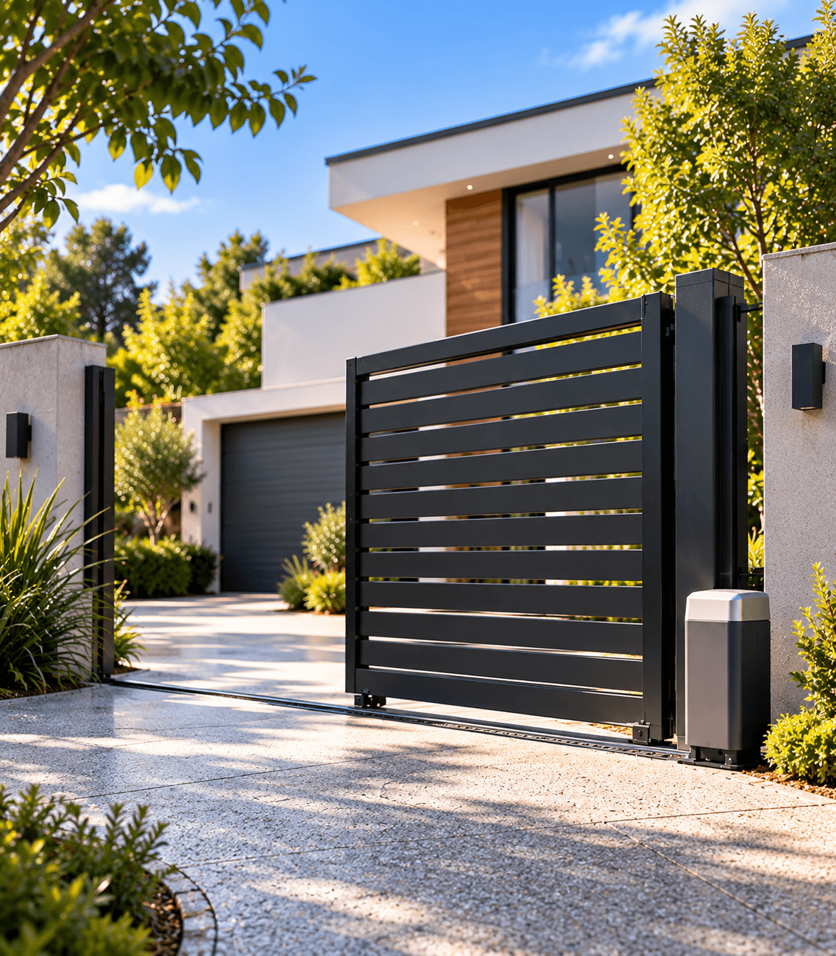 Modern home entrance with an automatic sliding gate