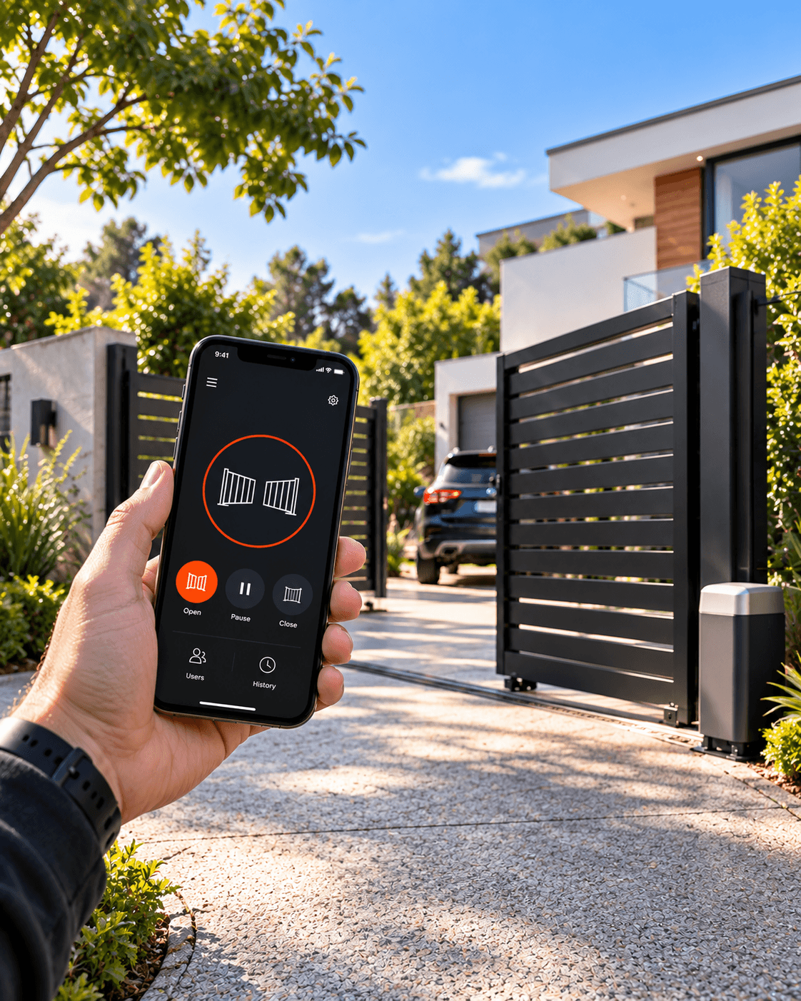 Smartphone controlling an automatic driveway gate at a modern home
