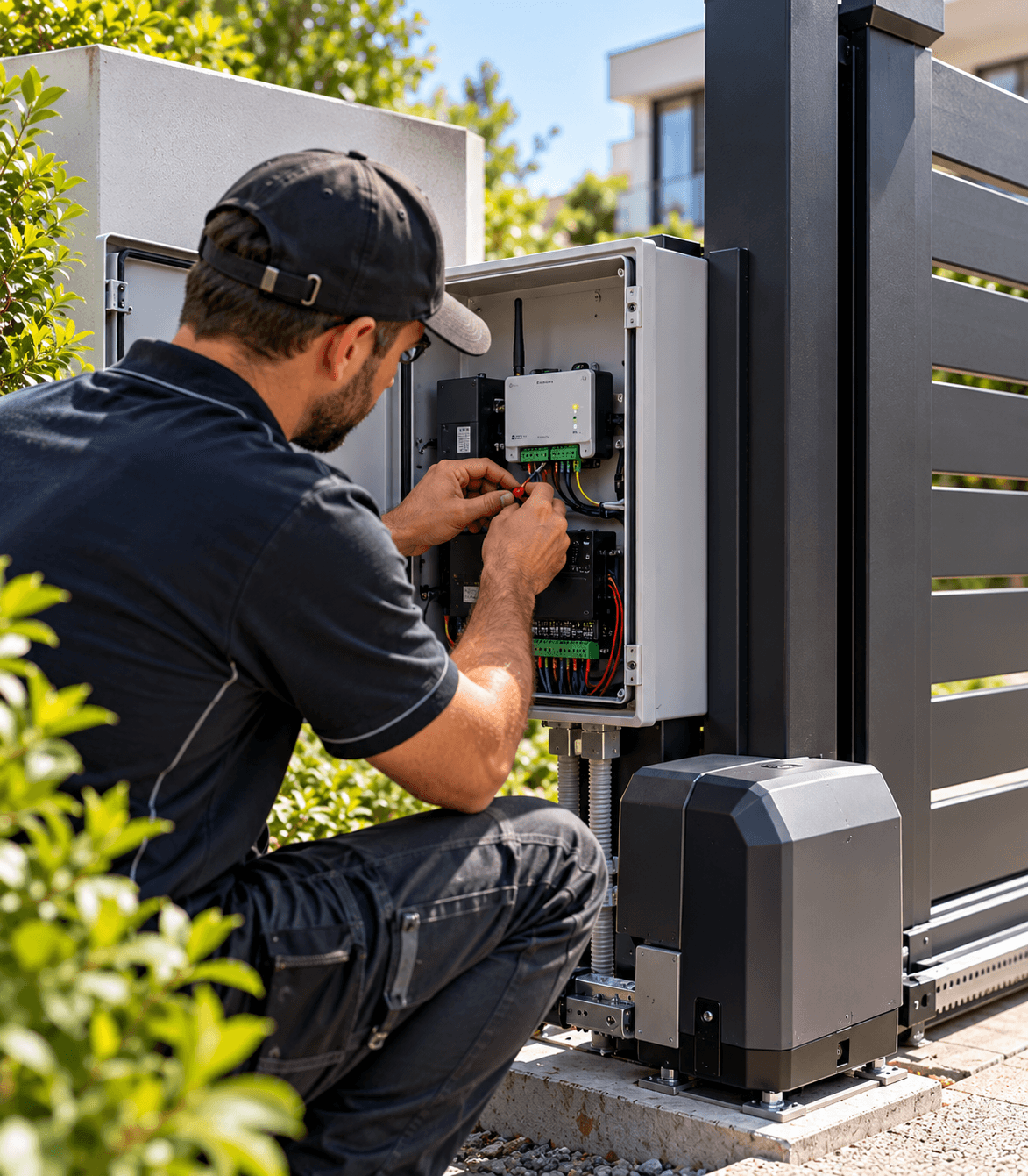 Technician installing cellular access controls for an automatic gate