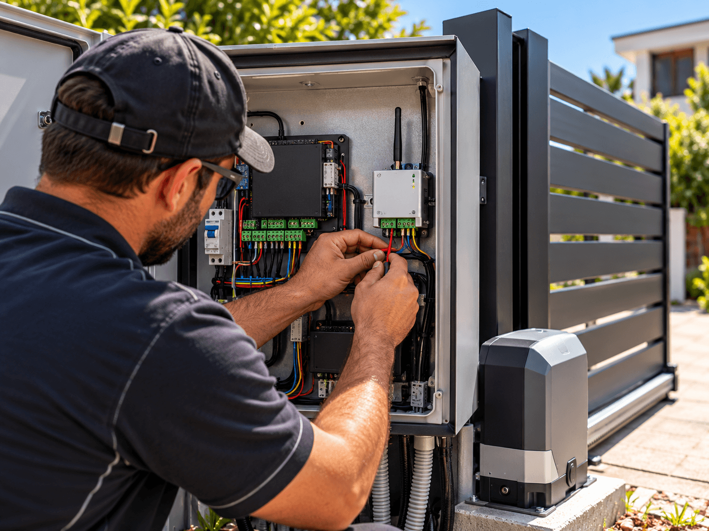 Technician integrating cellular gate access with an automatic sliding gate controller