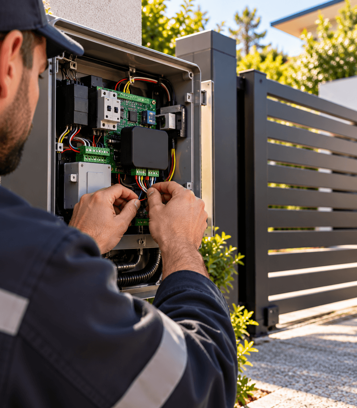 Technician wiring a smart control module into an automatic gate control box